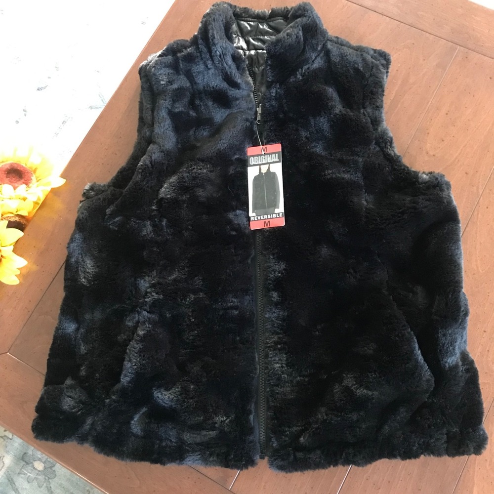 ORIGINAL NICOLE MILLER BLACK PLUSHY REVERSIBLE FAUX‎ FUR PUFFER VEST NWTS MEDIUM